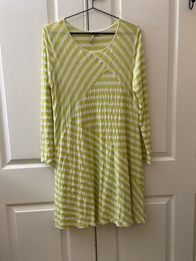 Comfy USA Striped Lime Green and White Long-Sleeve Swing Dress or long Shirt